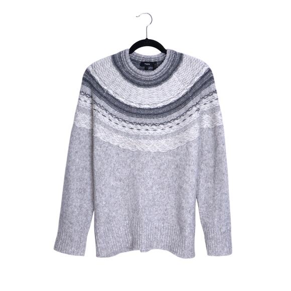 THEORY Fair Isle Sweater Melange Light Grey Wool Blend Long Sleeve Women's P/00 - Picture 1 of 11